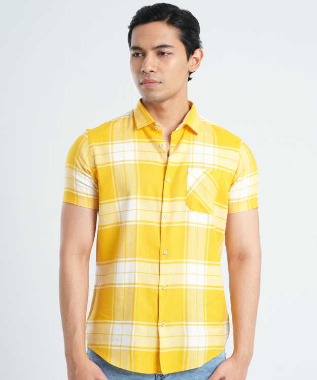 Yellow Check Slim Fit Half Shirt 1
